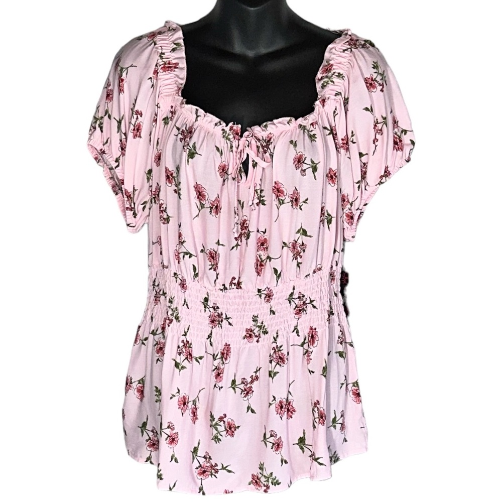 Puff Sleeve All pink Floral Peasant Top (Juniors) 🏷️ NWT 🏷️